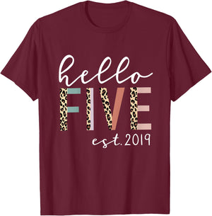 Hello Five Est 2019 5-Year-Old Girl Leopard Print T-Shirt - T-Shirt | Maroon