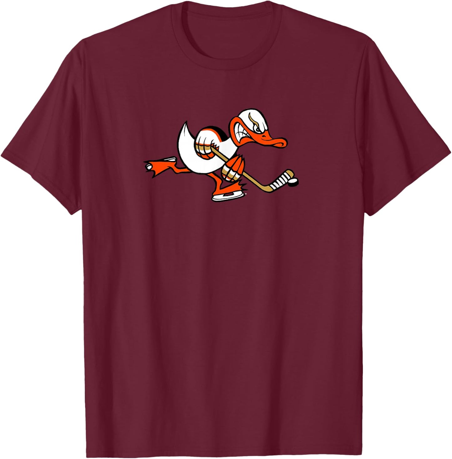 Cute Graphic Cartoon Duck Mascot Playing Ice Hockey T-Shirt - T-Shirt | Maroon