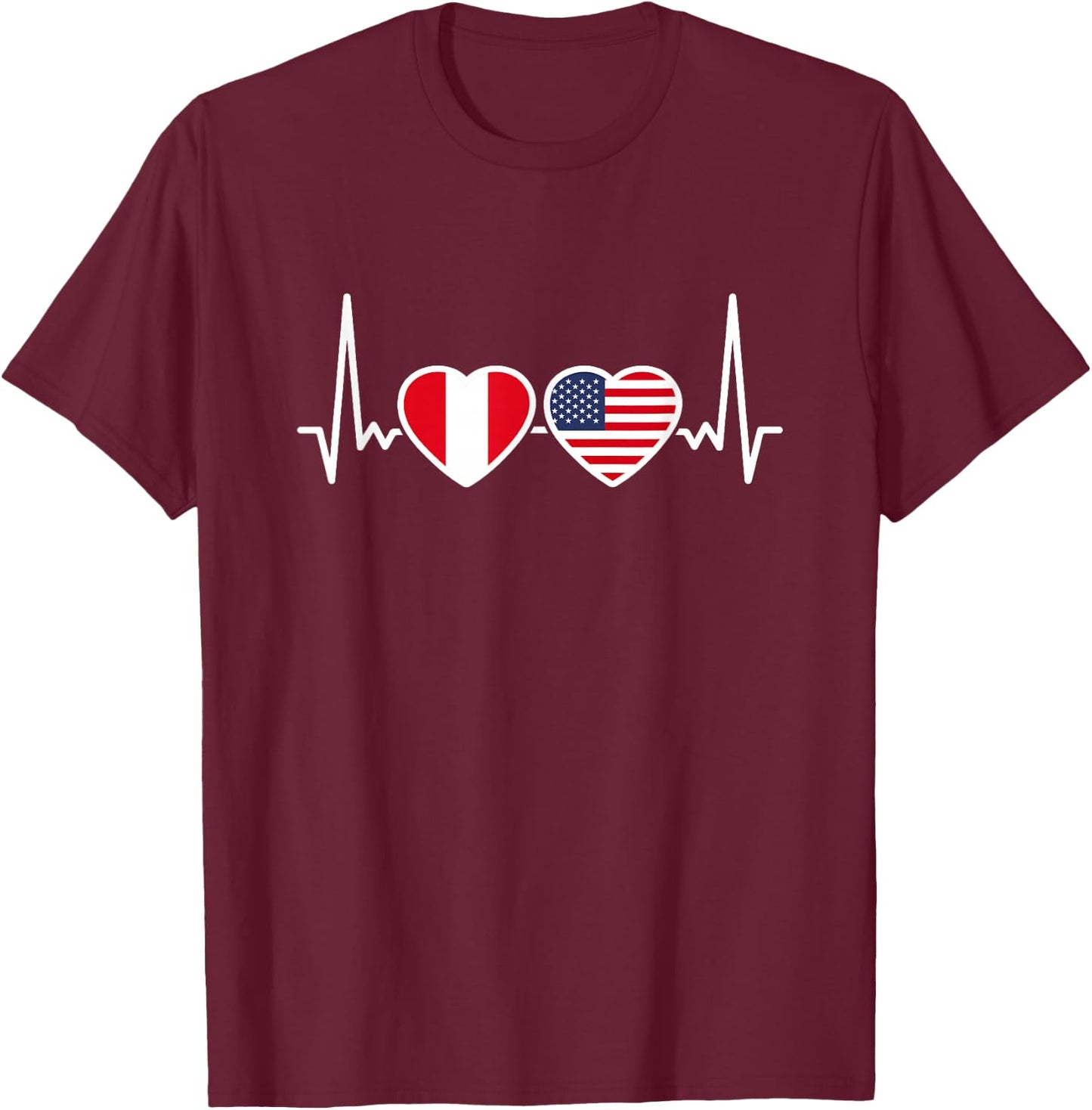 Peru USA Heartbeat Flag American Peruvian T-Shirt - T-Shirt | Maroon