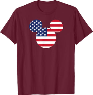 Mickey Mouse - Americana Flag Fill Ear Silhouette T-Shirt - T-Shirt | Maroon
