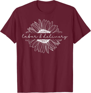 Retro Sunflower Labor and Delivery Nurse Mother Baby Nurse T-Shirt - T-Shirt | Maroon