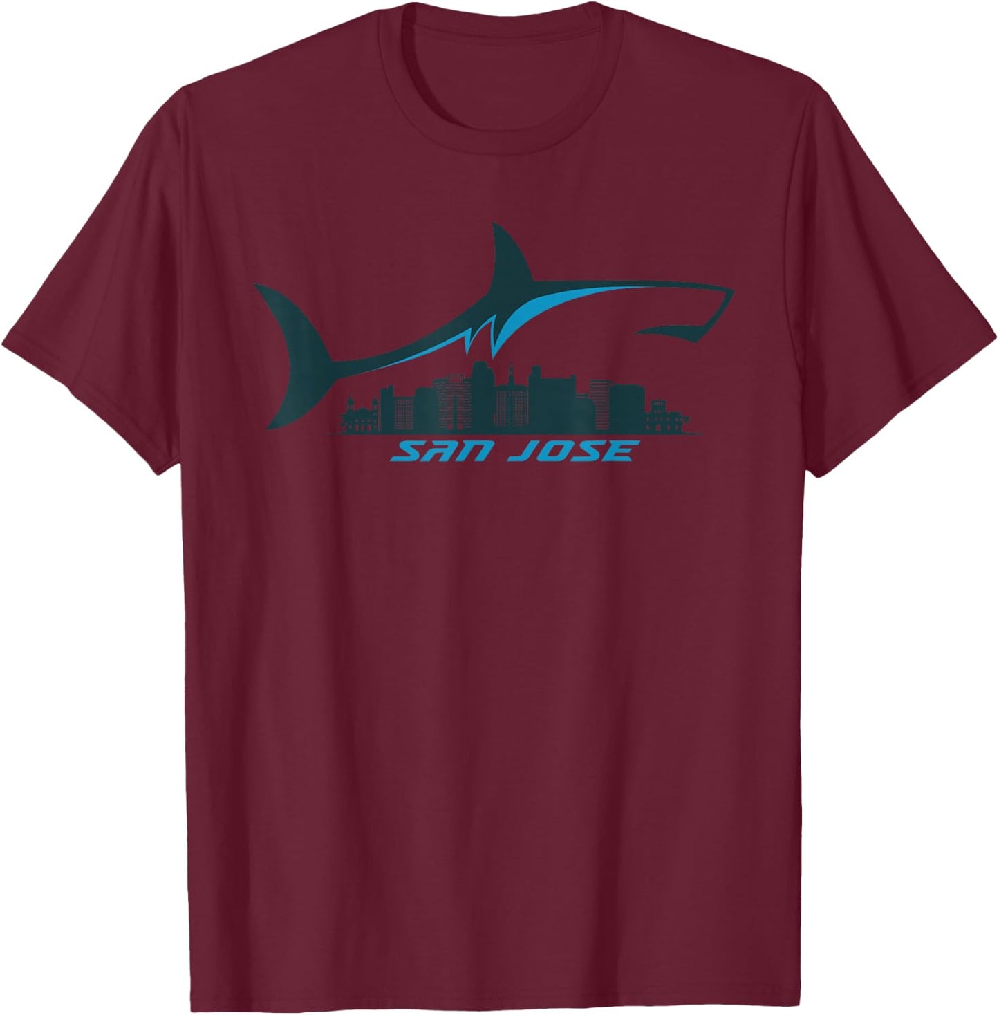 San Jose City Skyline mit Hai über Shark City SJ T-Shirt - T-Shirt | Maroon