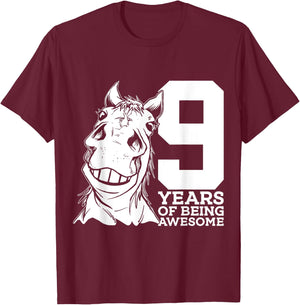 Horse 9 YEARS OF BEING AWESOME RIDING 9th BIRTHDAY T-Shirt - T-Shirt | Maroon