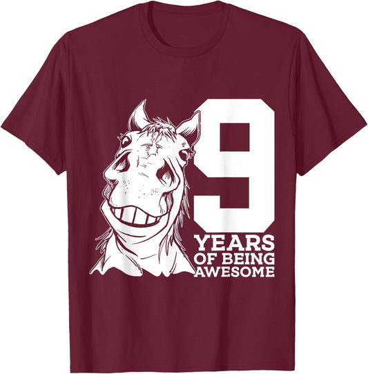 Horse 9 YEARS OF BEING AWESOME RIDING 9th BIRTHDAY T-Shirt - T-Shirt | Maroon