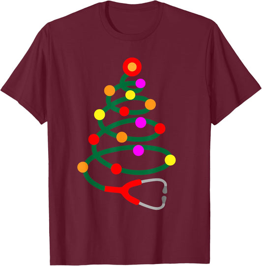 Nurse Christmas Tree Stethoscope Nurses Xmas Scrub Top T-Shirt - T-Shirt | Maroon
