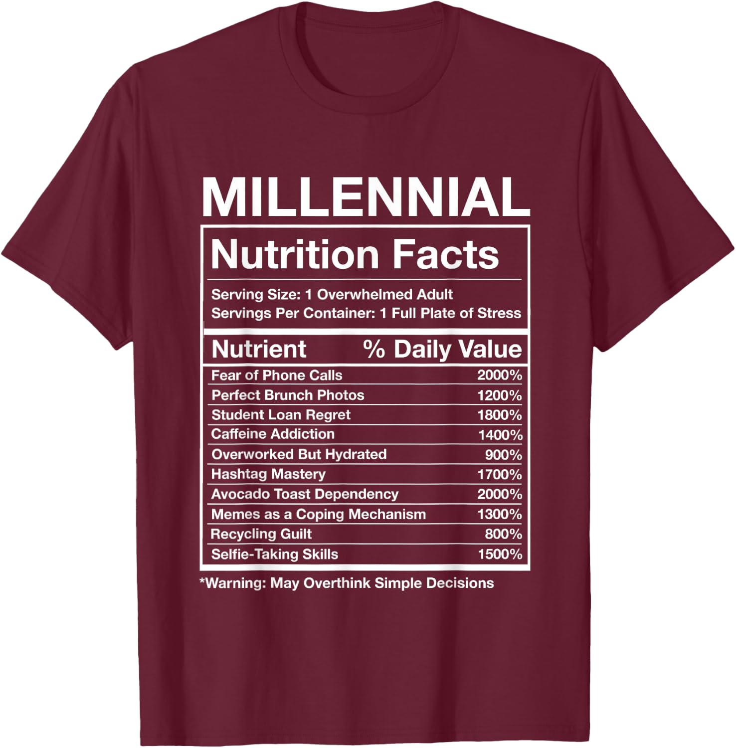 Millennial Nutrition Facts - Funny Generation Meme T-Shirt - T-Shirt | Maroon