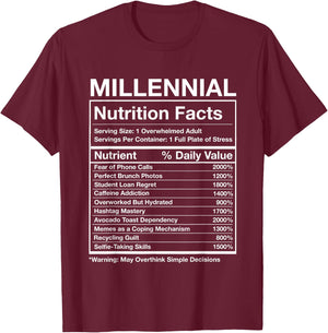 Millennial Nutrition Facts - Funny Generation Meme T-Shirt - T-Shirt | Maroon