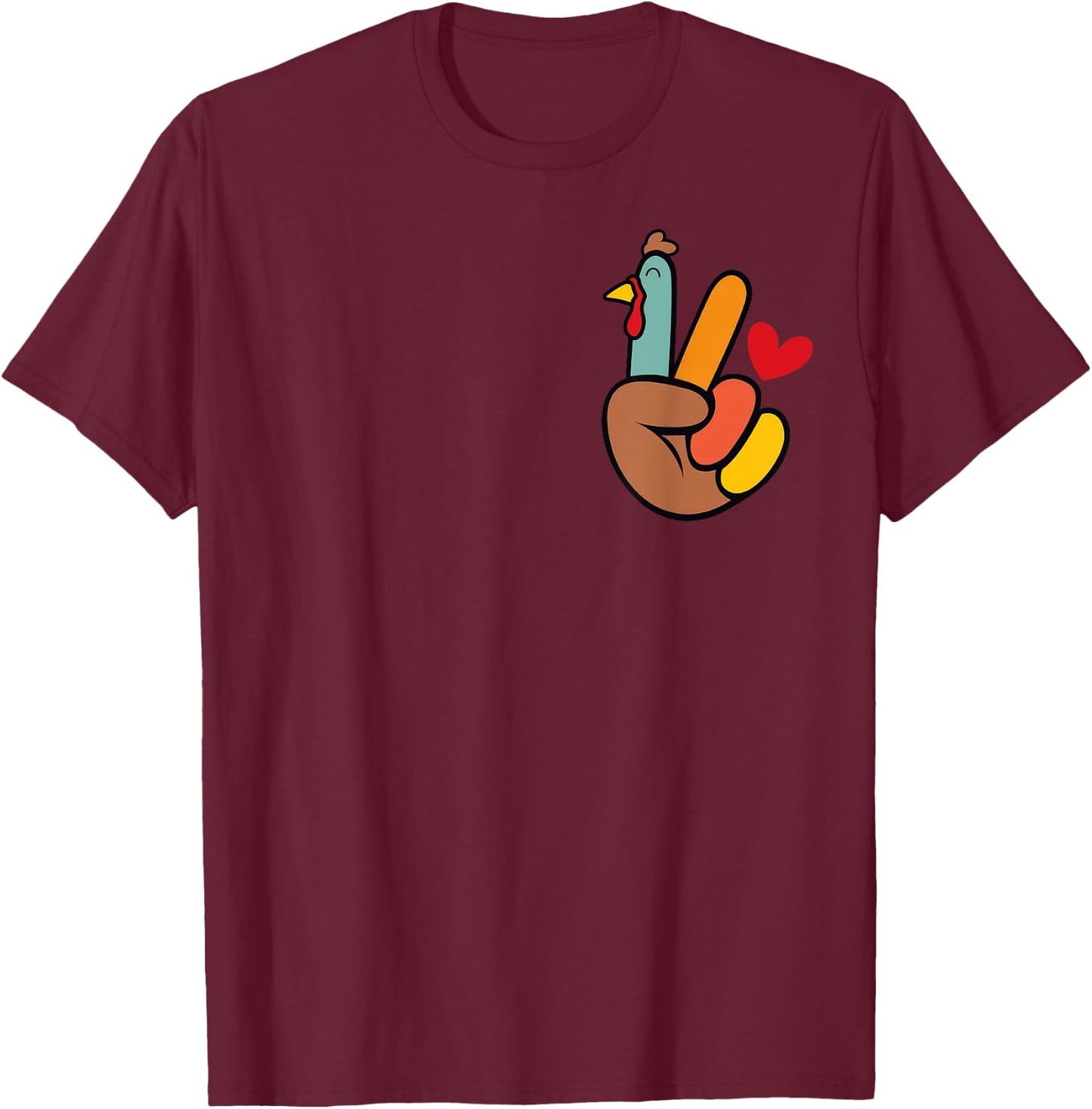 Peace Sign Turkey Hand Heart Thanksgiving Pocket T-Shirt - T-Shirt | Maroon