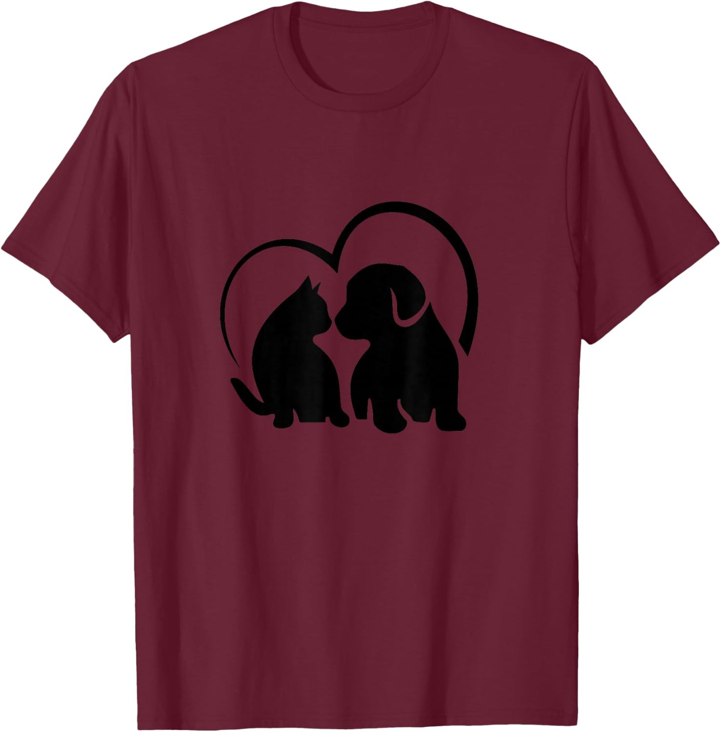 Cat and Dog with Heart Pattern , grey, S T-Shirt - T-Shirt | Maroon