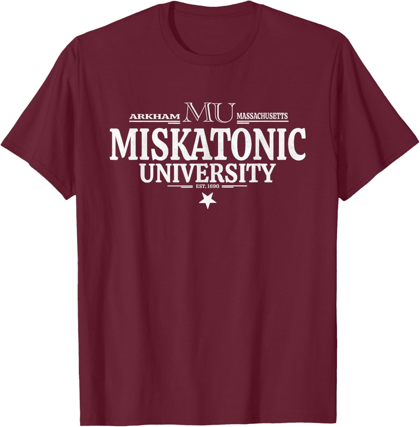 Miskatonic Lovecraft Arkham University Emblem , Black, S T-Shirt - T-Shirt | Maroon