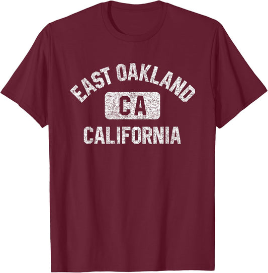East Oakland California Gym Style Distressed White Print T-Shirt - T-Shirt | Maroon