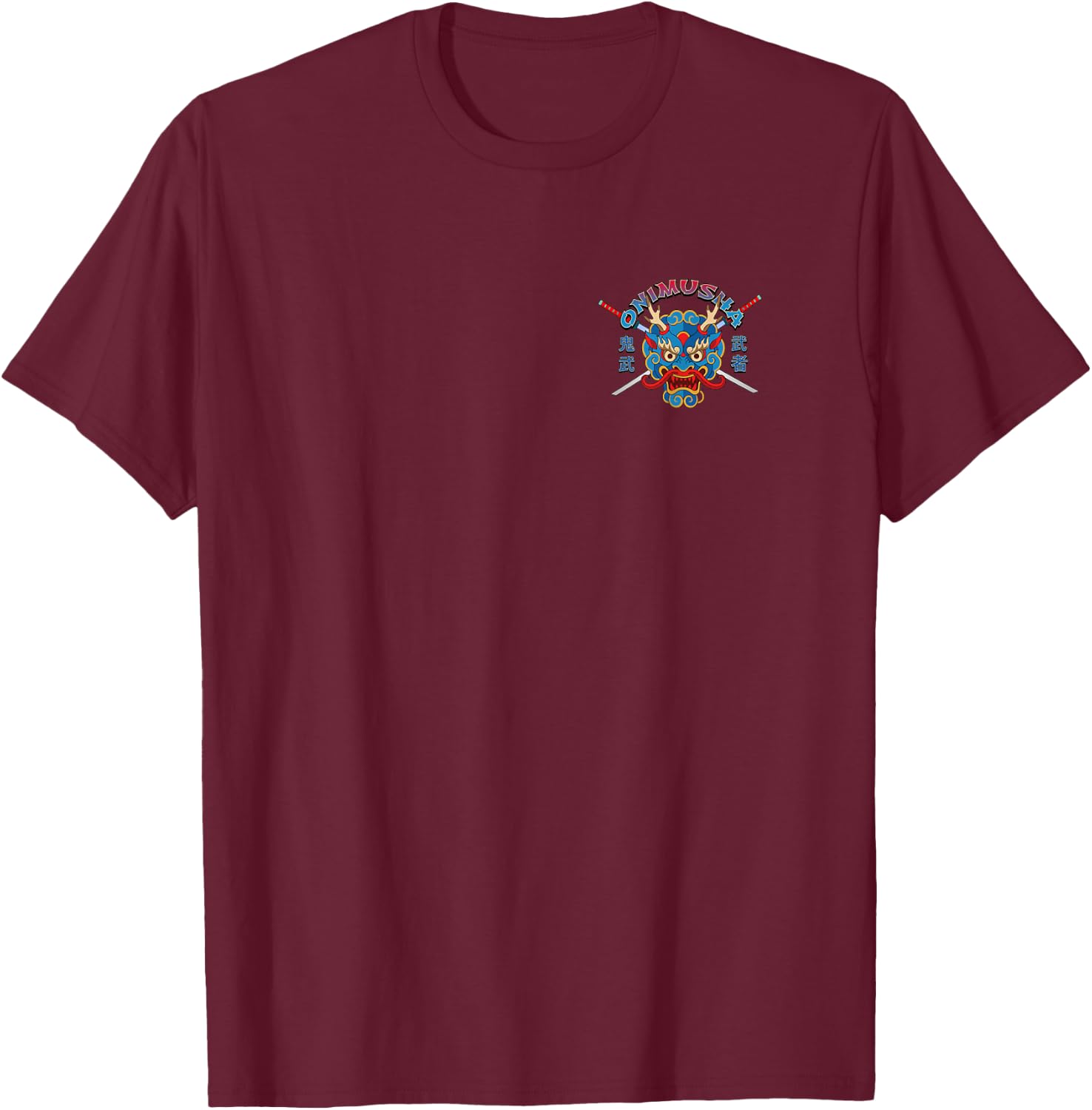 Japanese Ukiyo-e Style Samurai Geisha Skeleton and Oni Mask T-Shirt - T-Shirt | Maroon