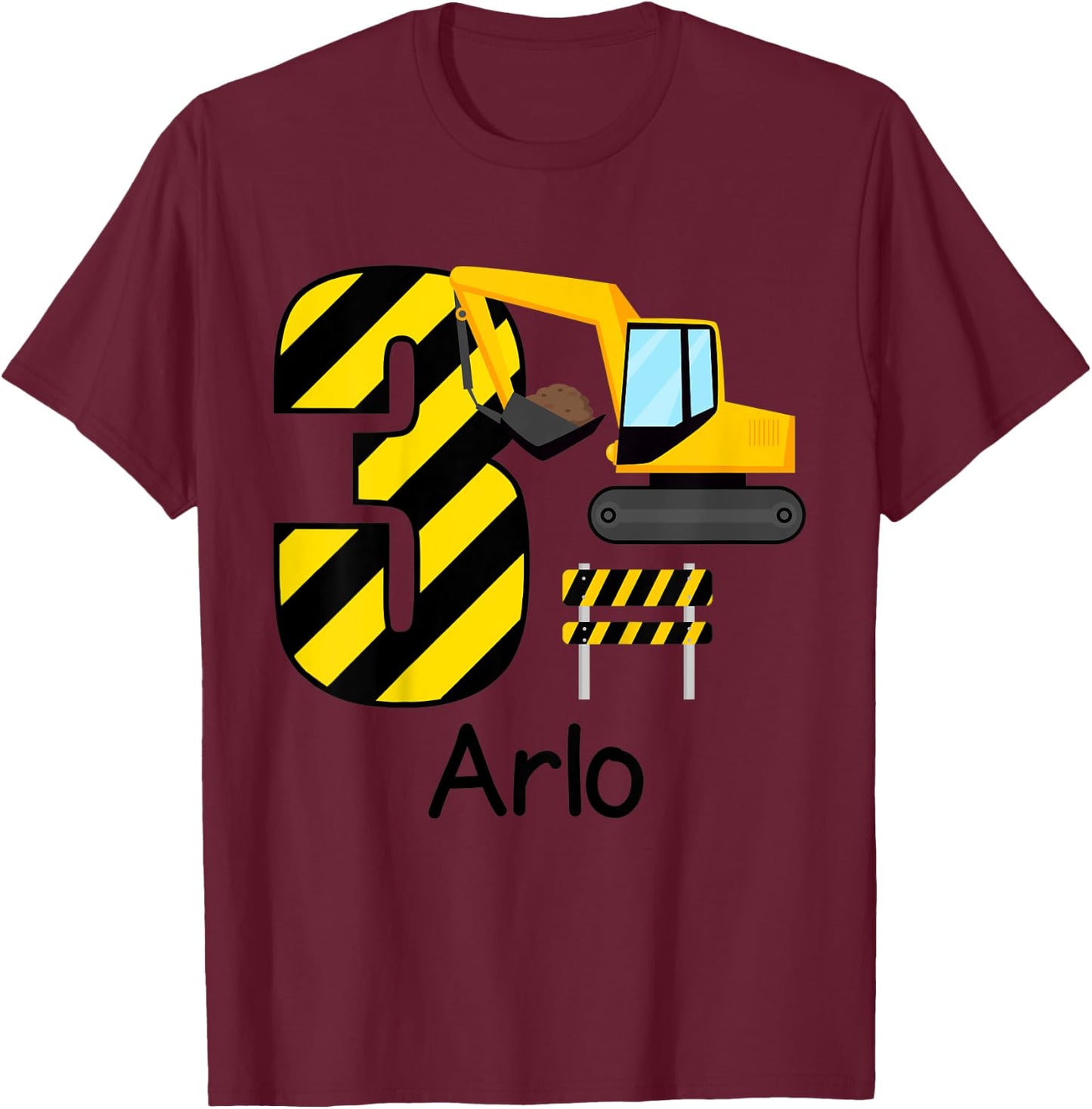 Kids Boys Construction 3rd Birthday Arlo 3 Years Old Party T-Shirt - T-Shirt | Maroon