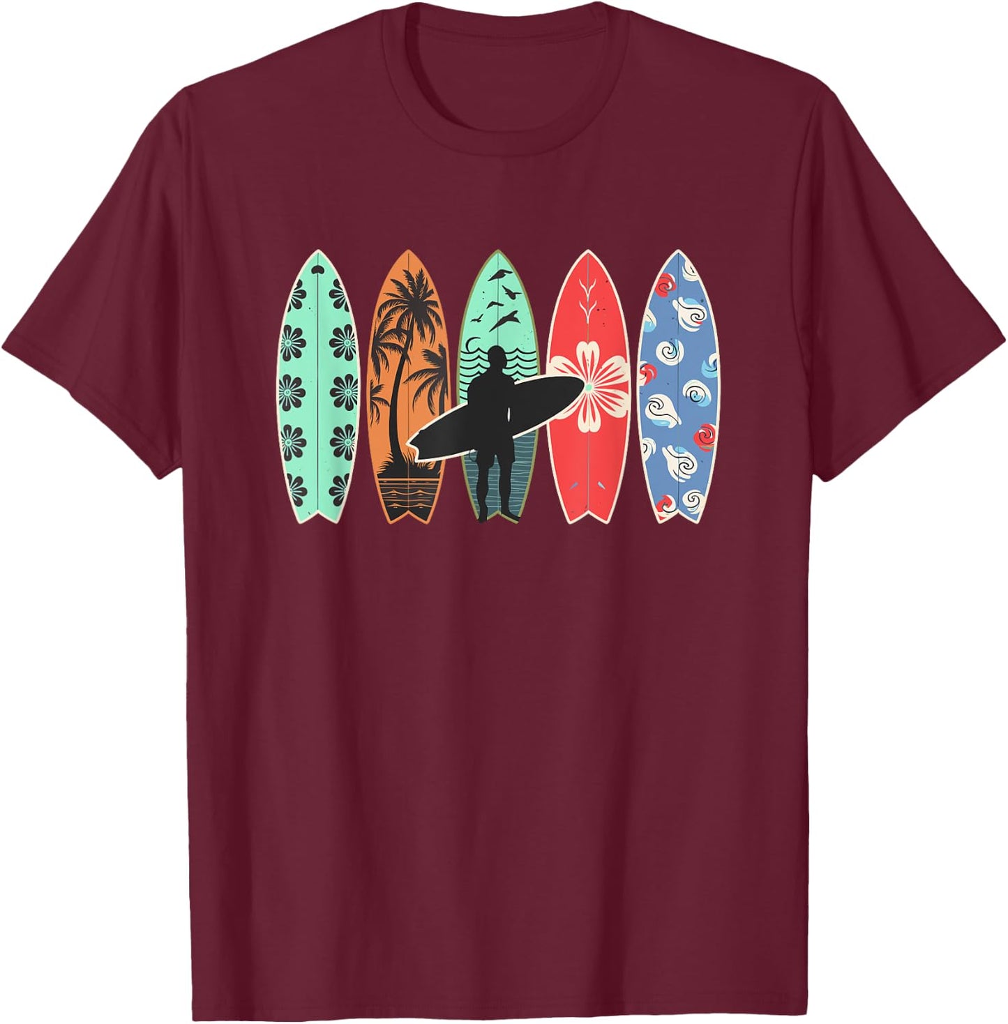 Surfboard Hawaii for Boys and Men , Black, S T-Shirt - T-Shirt | Maroon