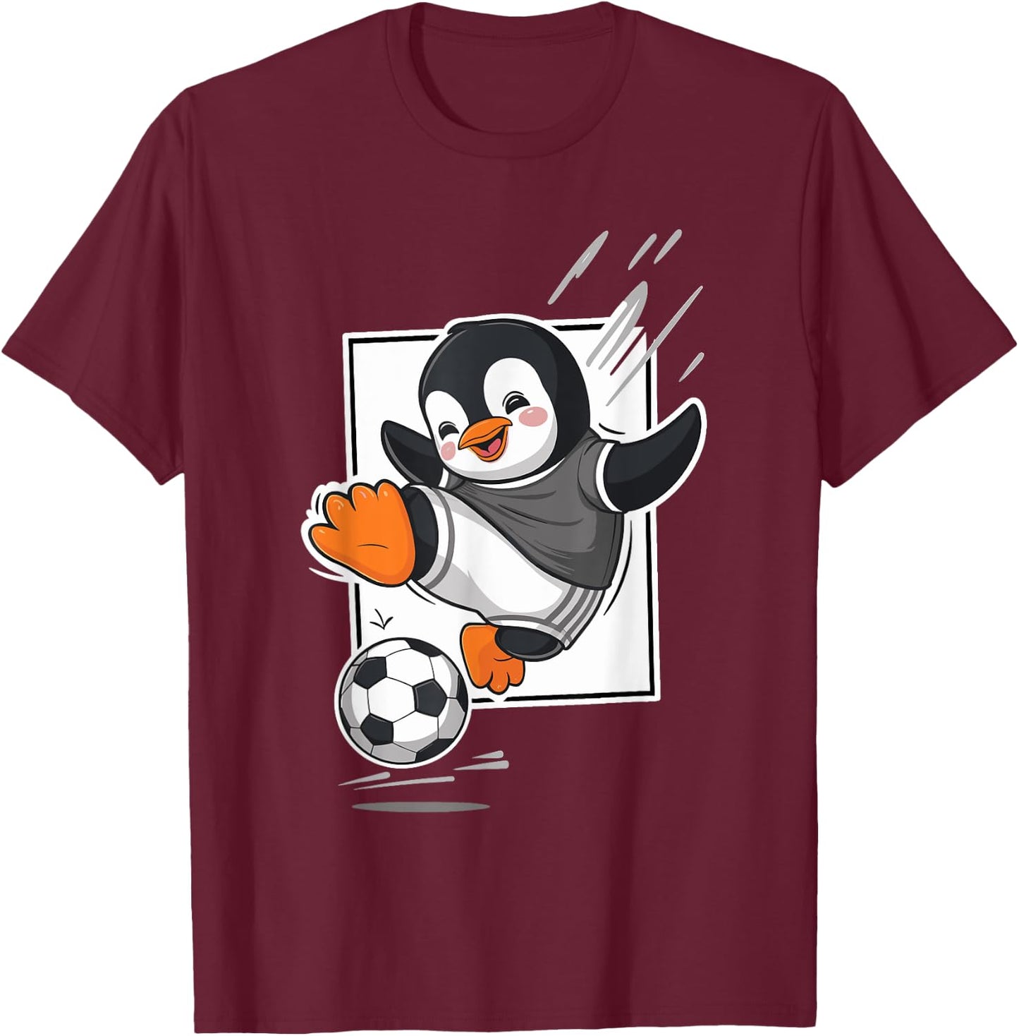 Penguin Playing Soccer Kicking Football Cute Cartoon Penguin T-Shirt - T-Shirt | Maroon