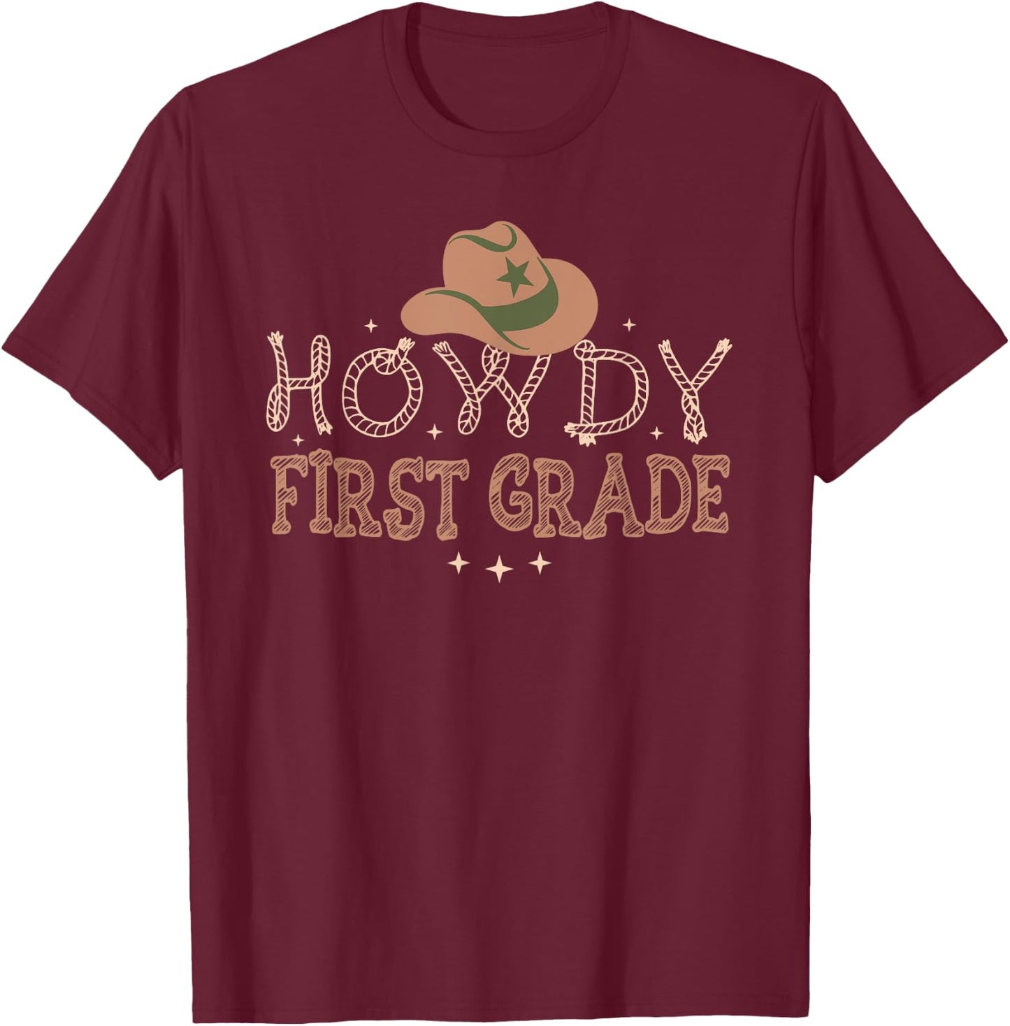 Howdy 1st Grade Teacher Rodeo Back To School Western Cowboy T-Shirt - T-Shirt | Maroon