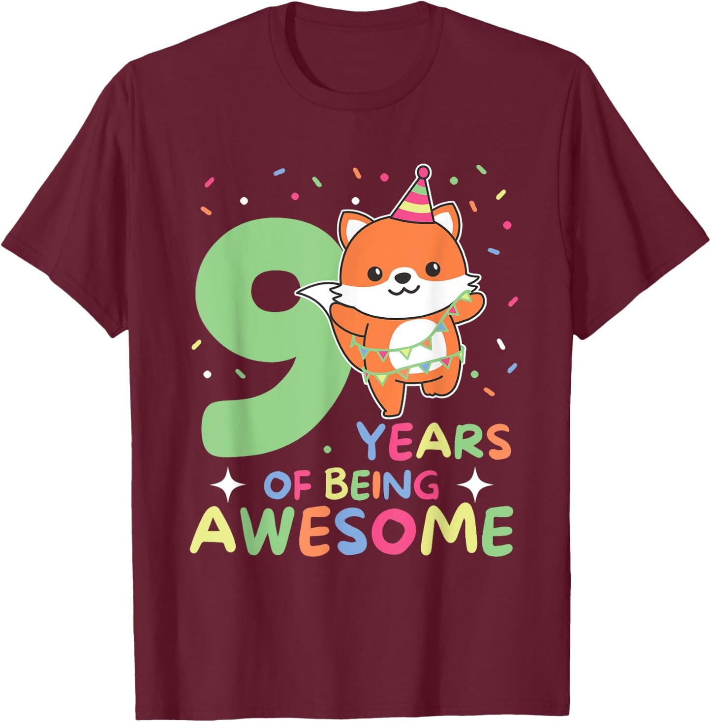 Fox 9th Birthday For Children Nine Years Old Fox T-Shirt - T-Shirt | Maroon