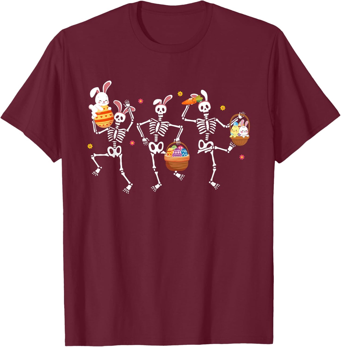 Bunny Skeleton Dancing Easter Basket Carrot Funny Easter Day T-Shirt - T-Shirt | Maroon