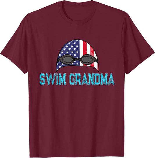 Swimming Swim Cap Love Funny Swimmer Girl Grandma USA Flag T-Shirt - T-Shirt | Maroon