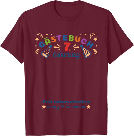 Children's Guest Book 7th Birthday for Boys and Girls Memory , White T-Shirt - T-Shirt | Maroon
