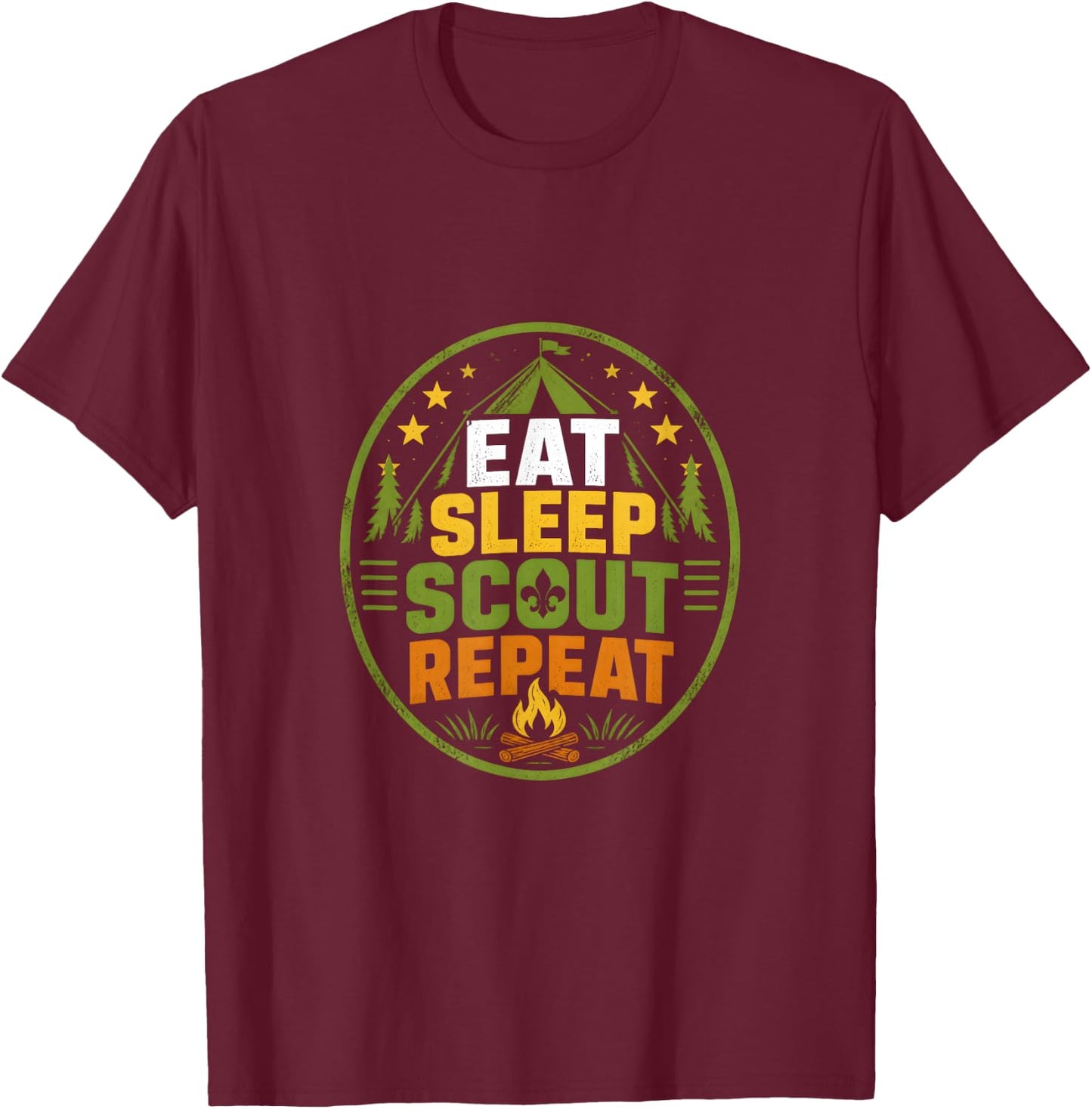 Eat Sleep Scout Repeat Scouts BSA Camp Badge T-Shirt - T-Shirt | Maroon
