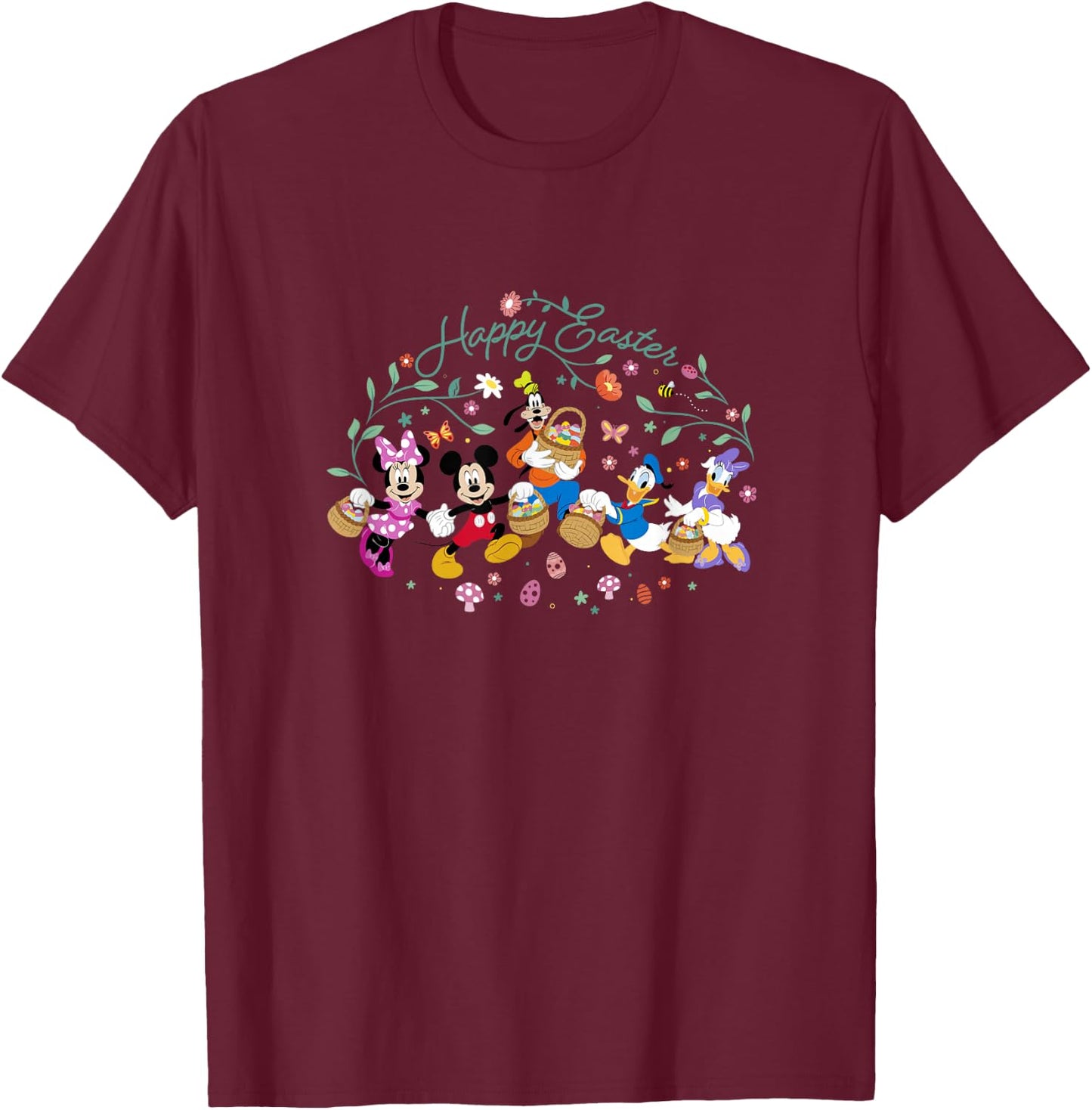 Disney Mickey And Friends Happy Easter Spring Floral Holiday T-Shirt - T-Shirt | Maroon