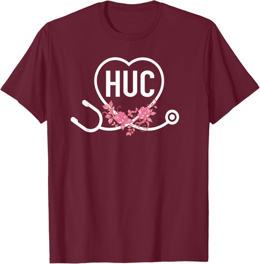 Health Unit Coordinator Appreciation HUC Floral Stethoscope T-Shirt - T-Shirt | Maroon