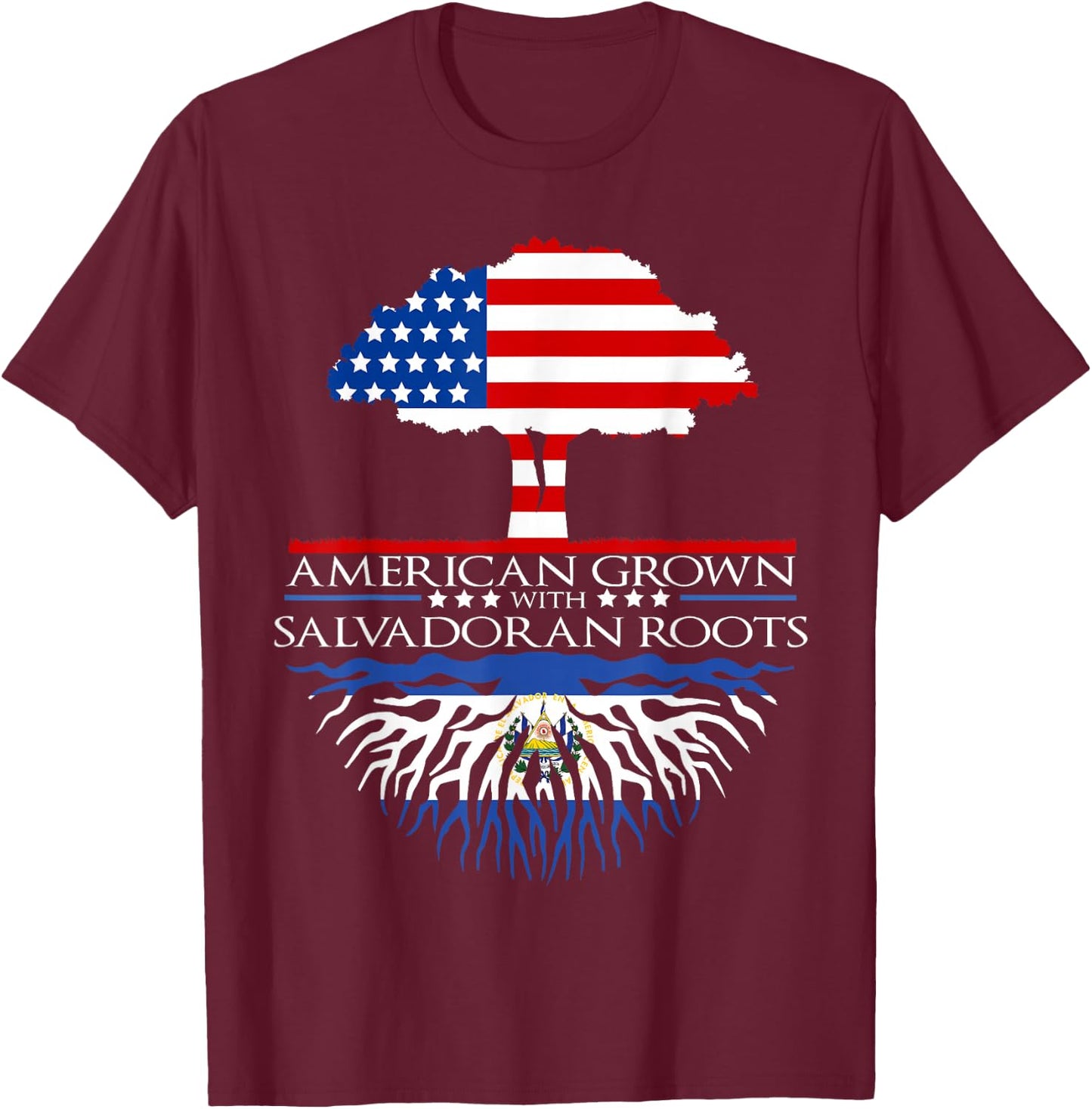Salvadoran Roots American Grown Tree Flag USA El Salvador T-Shirt - T-Shirt | Maroon