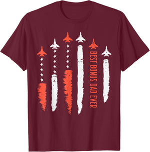 Best Bonus Dad Ever Jet Fighter USA Flag Fathers Day Stepdad T-Shirt - T-Shirt | Maroon