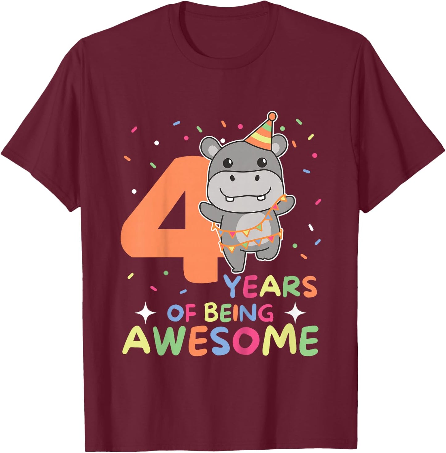 Kids Hippo 4th Birthday For Kids Four Years Old T-Shirt - T-Shirt | Maroon