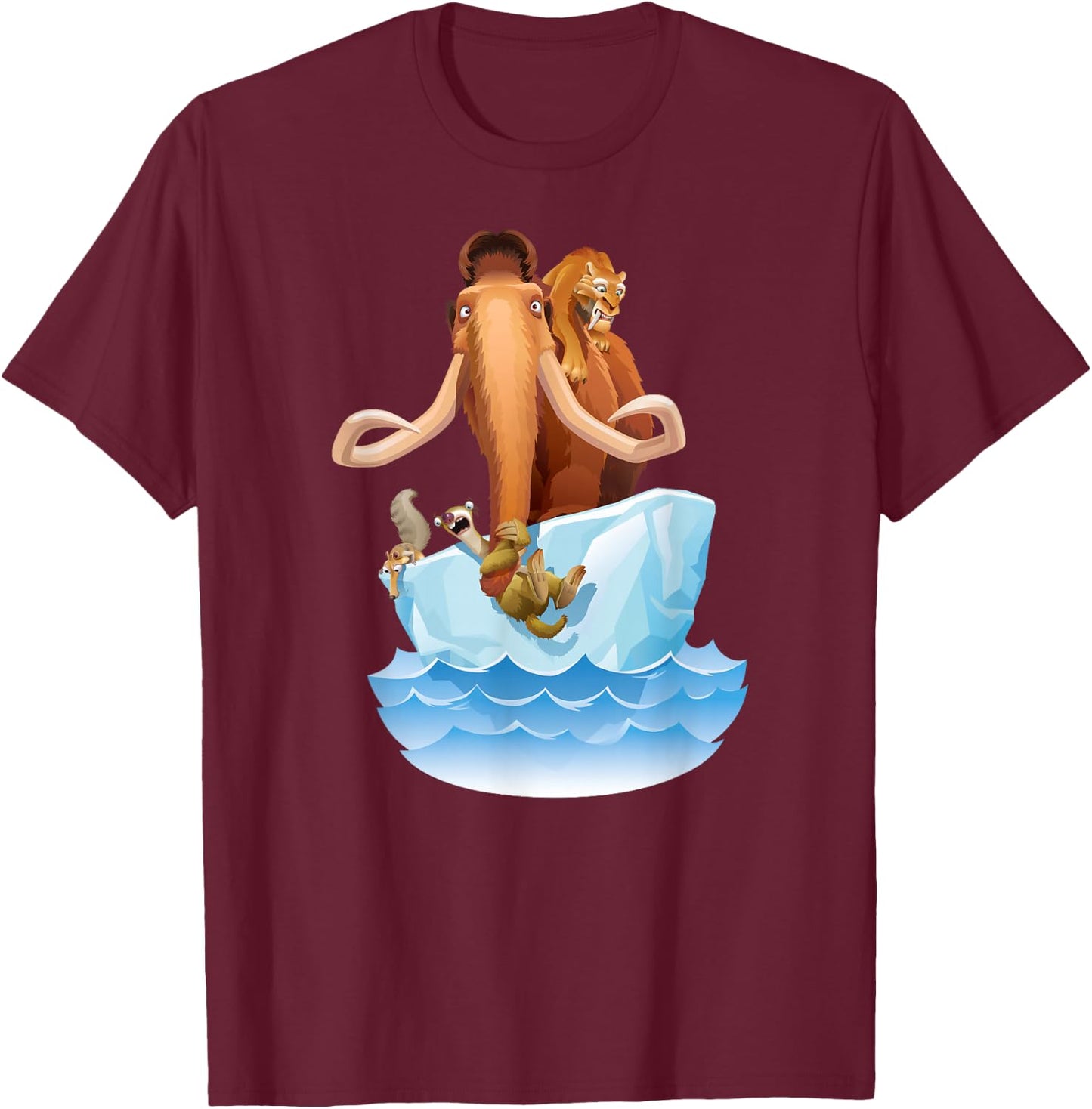 Ice Age Manfred Diego Sid and Scrat on Iceberg T-Shirt - T-Shirt | Maroon