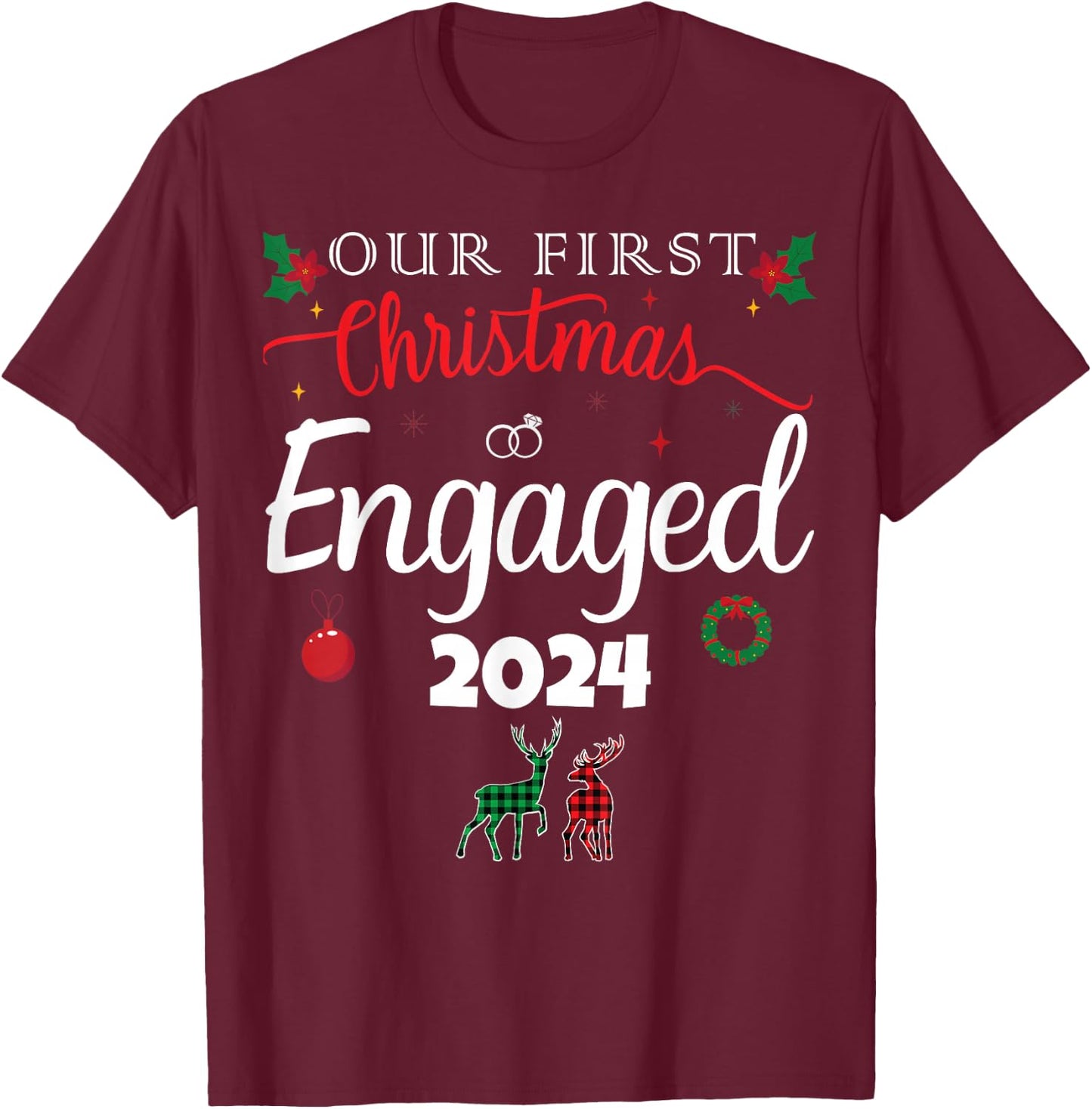 Our First Christmas Engaged 2024 Pajamas Couples Matching T-Shirt - T-Shirt | Maroon