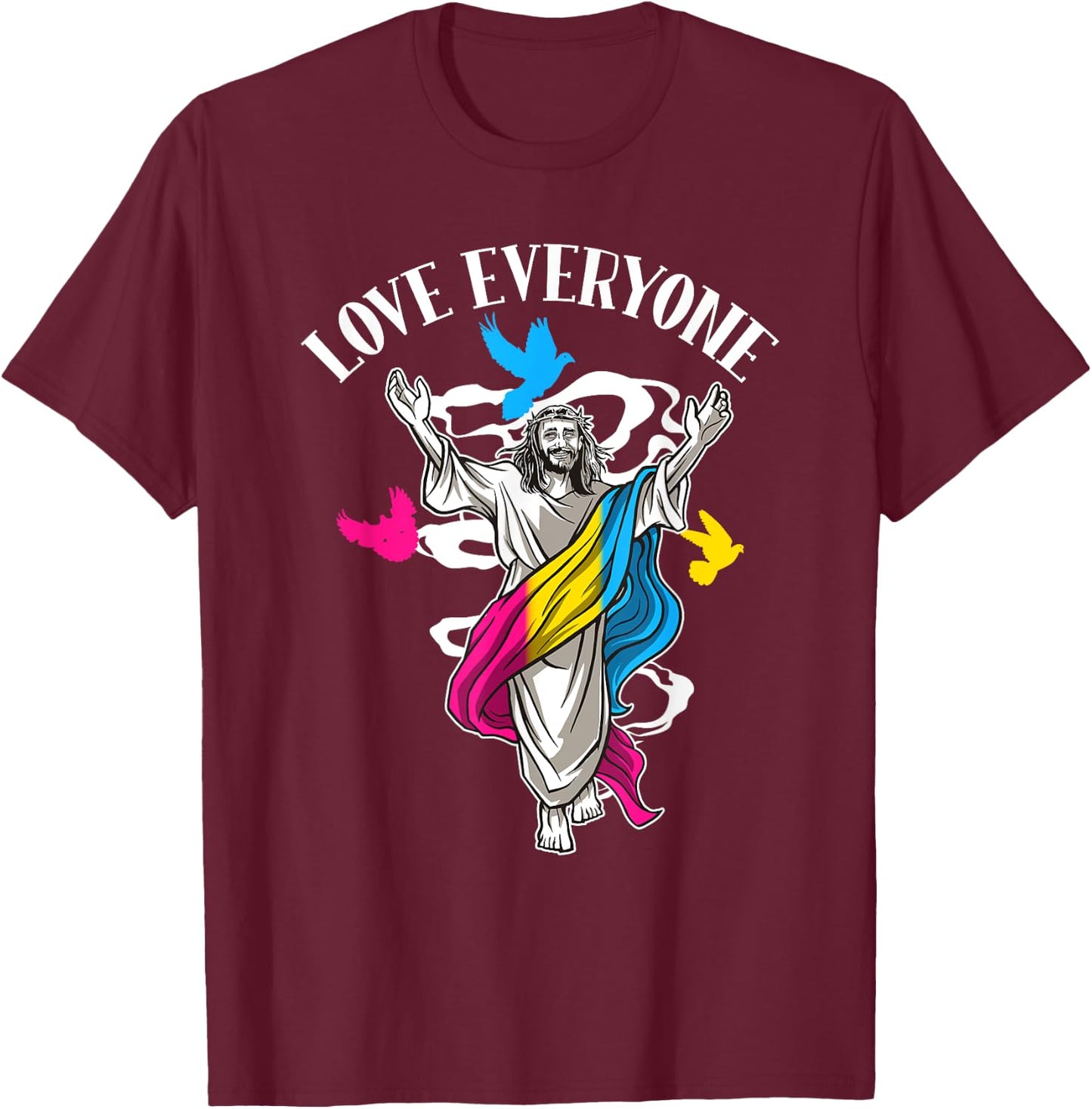 Love Everyone, Christian Pan Pride Jesus, Pansexual Love T-Shirt - T-Shirt | Maroon
