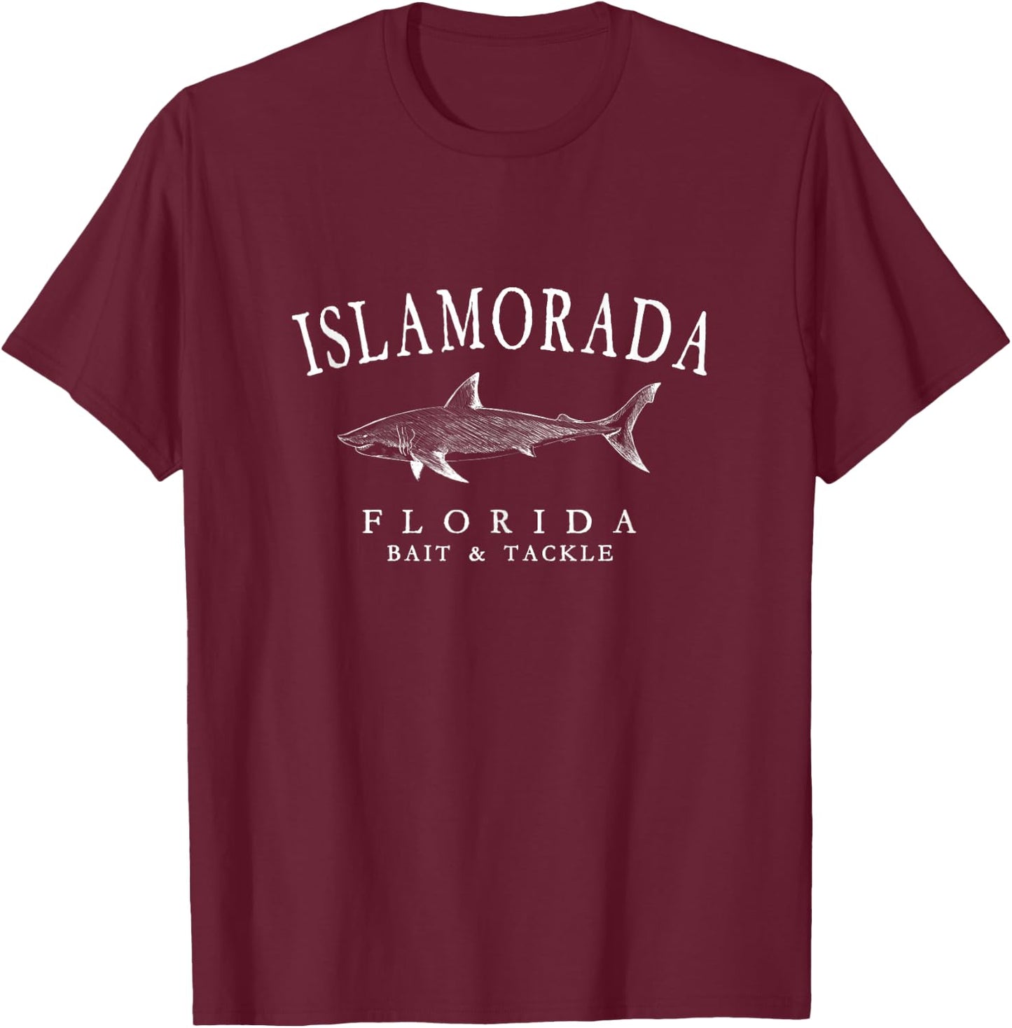 Islamorada Florida Shark Vintage White Outline Fishing T-Shirt - T-Shirt | Maroon