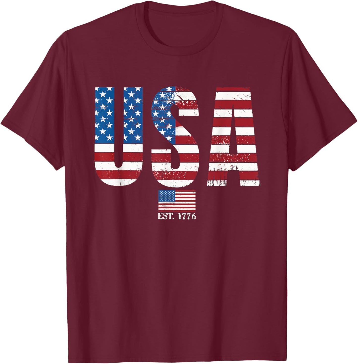 USA Patriotic American Flag 4th of July America Est 1776 T-Shirt - T-Shirt | Maroon