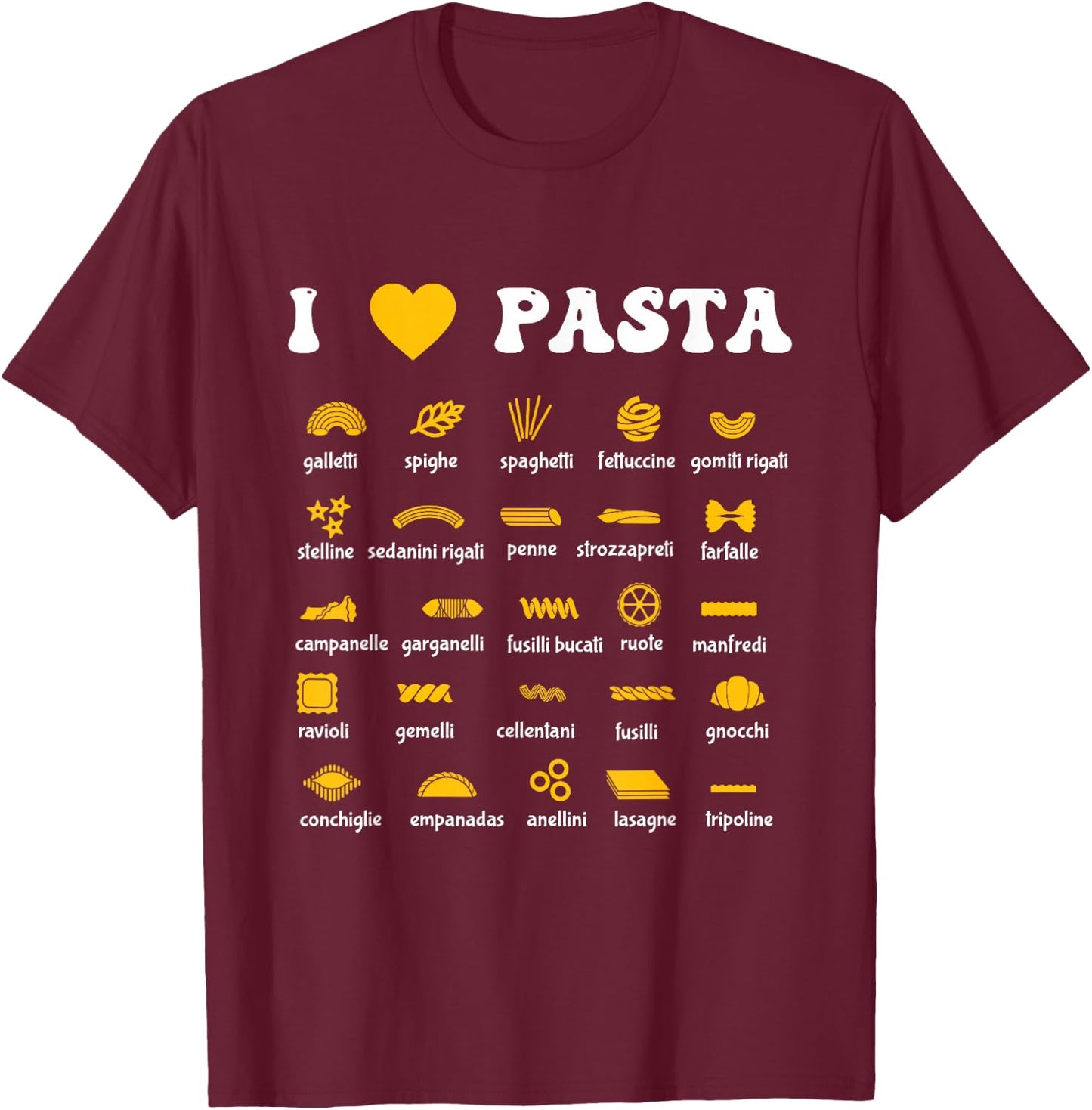 Pasta Varieties Spaghetti Noodles Italy Gift Pasta , black, s T-Shirt - T-Shirt | Maroon