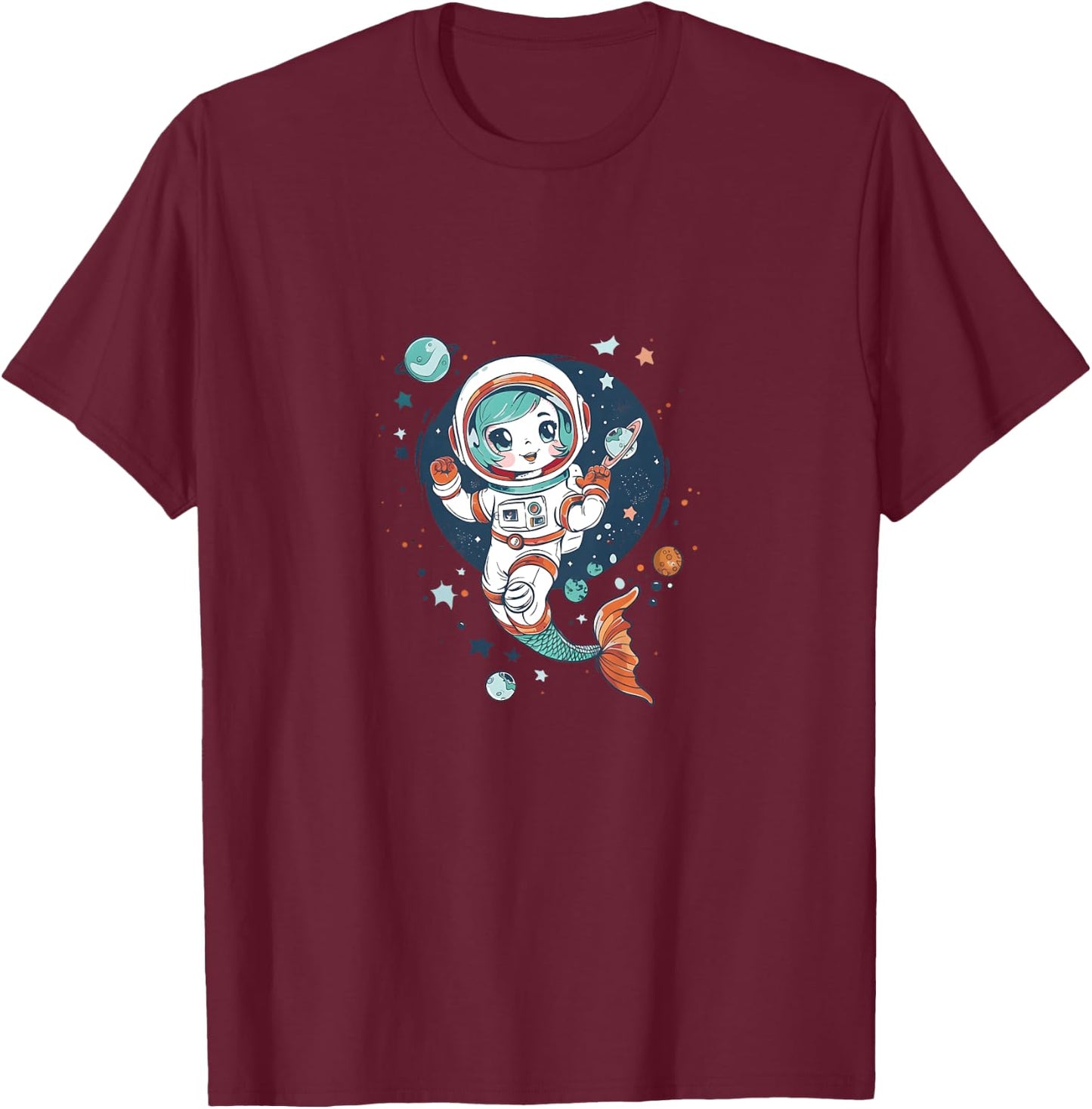 Cute Astronaut Mermaid in Space Funny Planetary Kids T-Shirt - T-Shirt | Maroon