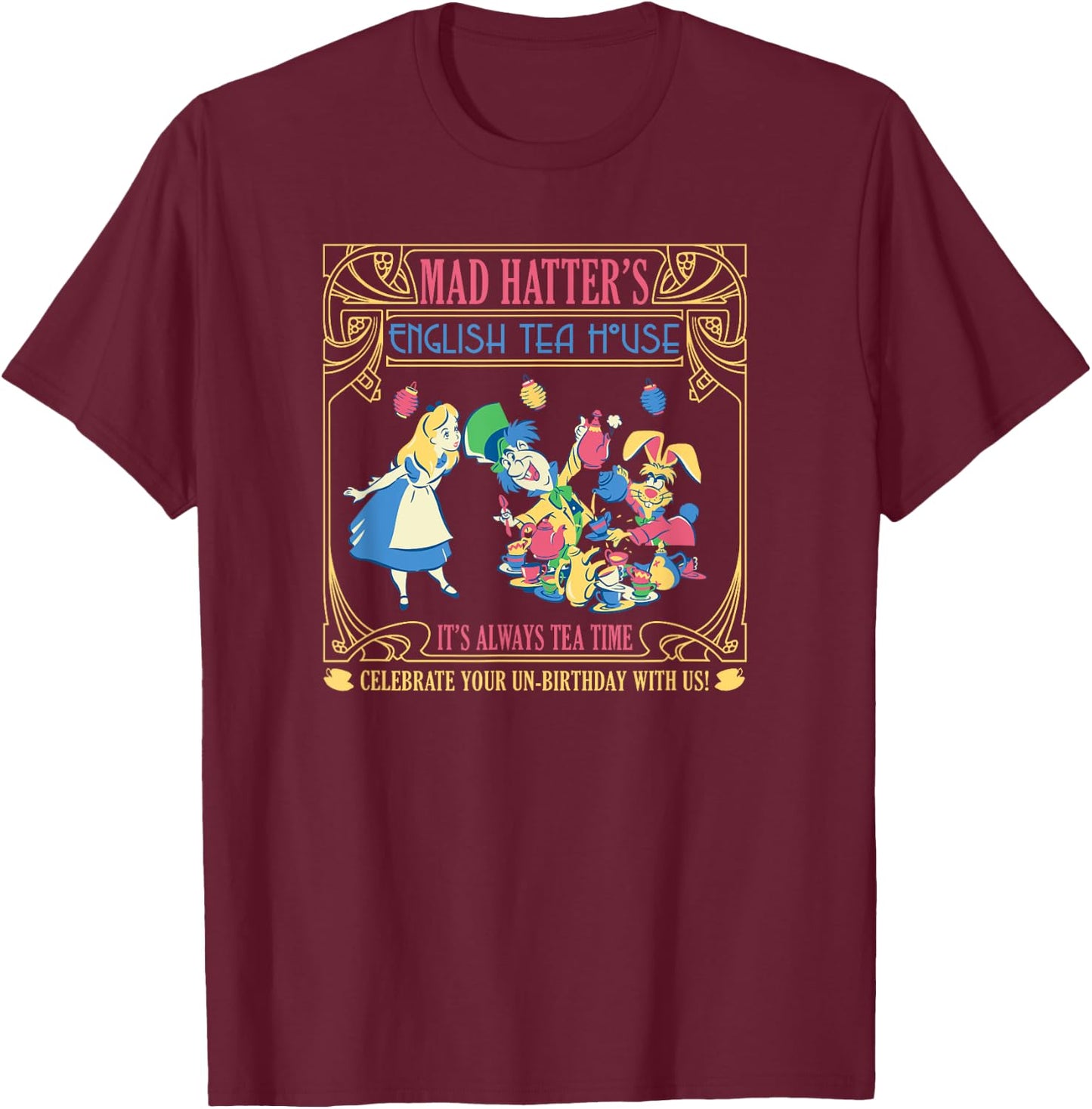 Disney Alice in Wonderland Mad Hatter's English Tea House T-Shirt - T-Shirt | Maroon
