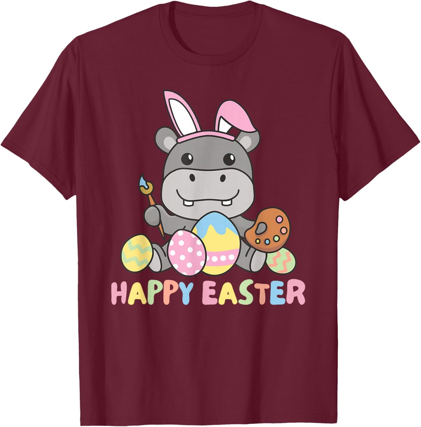 Happy Easter Cute Hippo For Easter With Easter Eggs T-Shirt - T-Shirt | Maroon