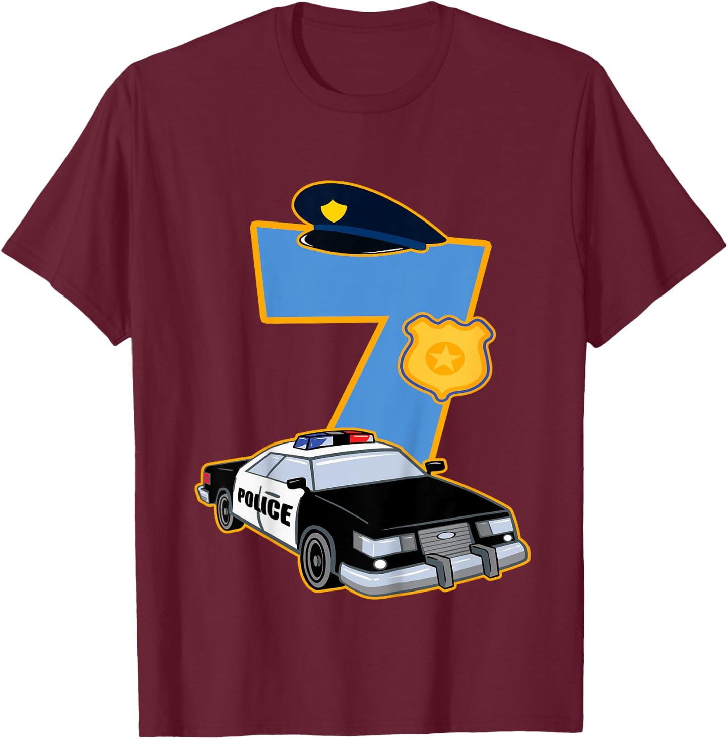 Kids 7th Birthday Police 7 Years Old Officer Car Costume T-Shirt - T-Shirt | Maroon