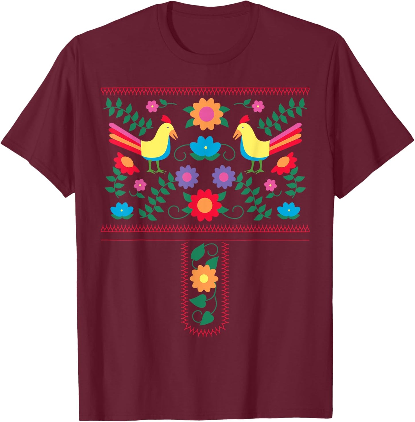 Bright Color Traditional Mexican Flowers and Birds T-Shirt - T-Shirt | Maroon