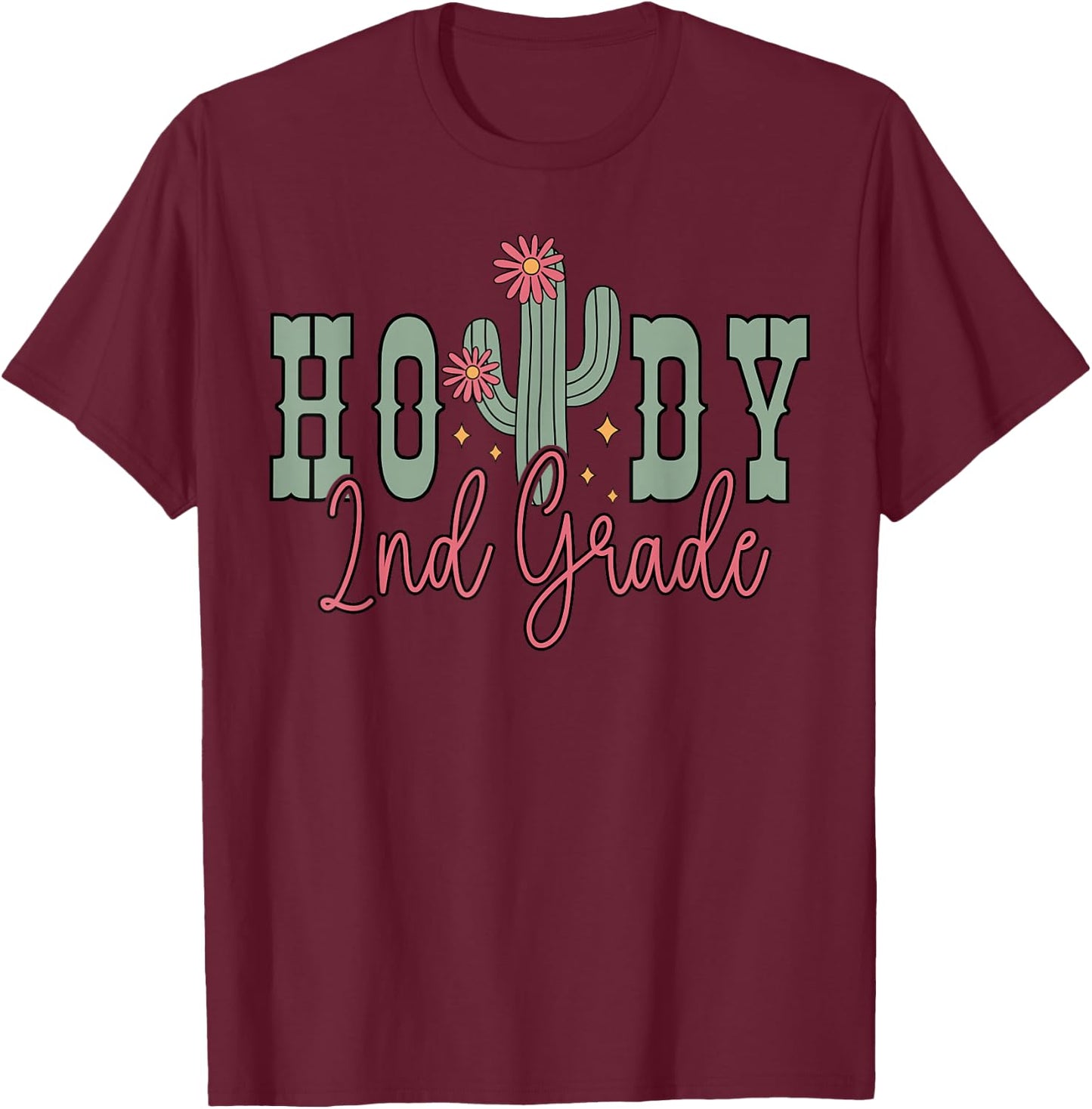 Howdy 2nd Grade Cactus Western Second Grade Teacher Kids T-Shirt - T-Shirt | Maroon