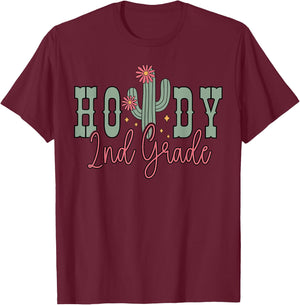Howdy 2nd Grade Cactus Western Second Grade Teacher Kids T-Shirt - T-Shirt | Maroon