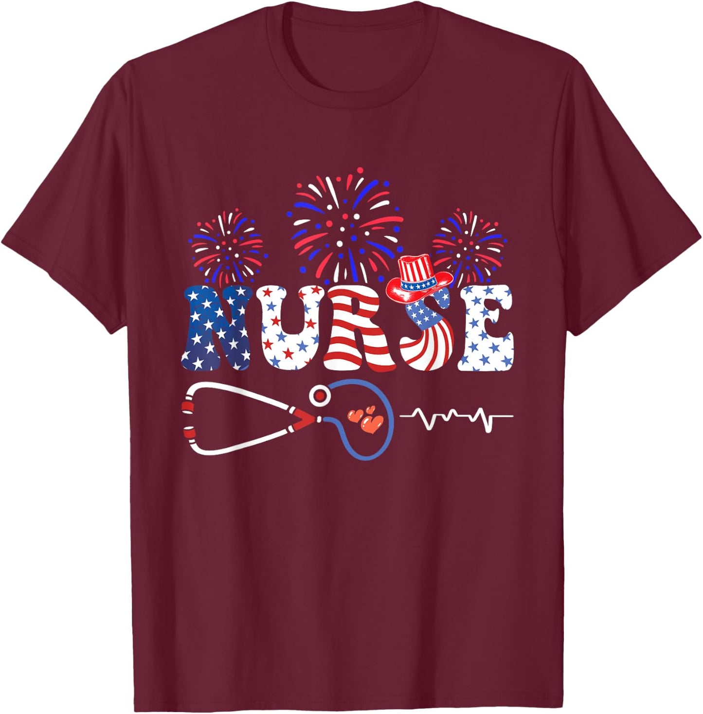 USA American Flag Patriotic Nurse Stethoscope 4th of July T-Shirt - T-Shirt | Maroon
