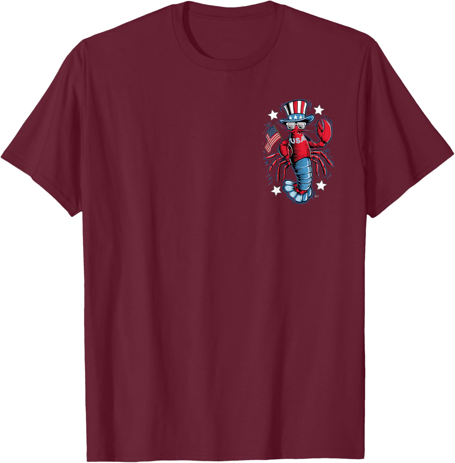 Pocket & Back Salty USA Beachwear July 4th Vintage Lobster T-Shirt - T-Shirt | Maroon
