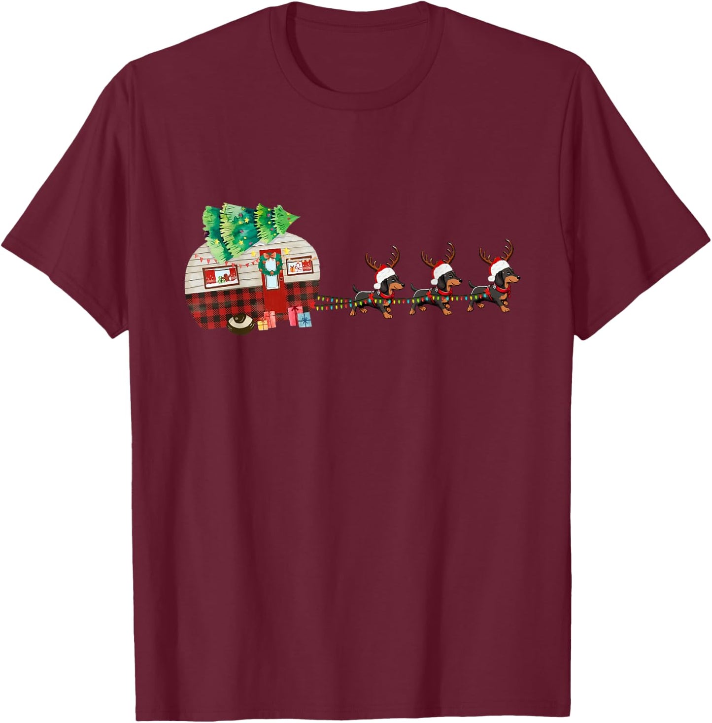 Funny Santa Dachshund Dog Sleigh Christmas Pet Camper Van T-Shirt - T-Shirt | Maroon