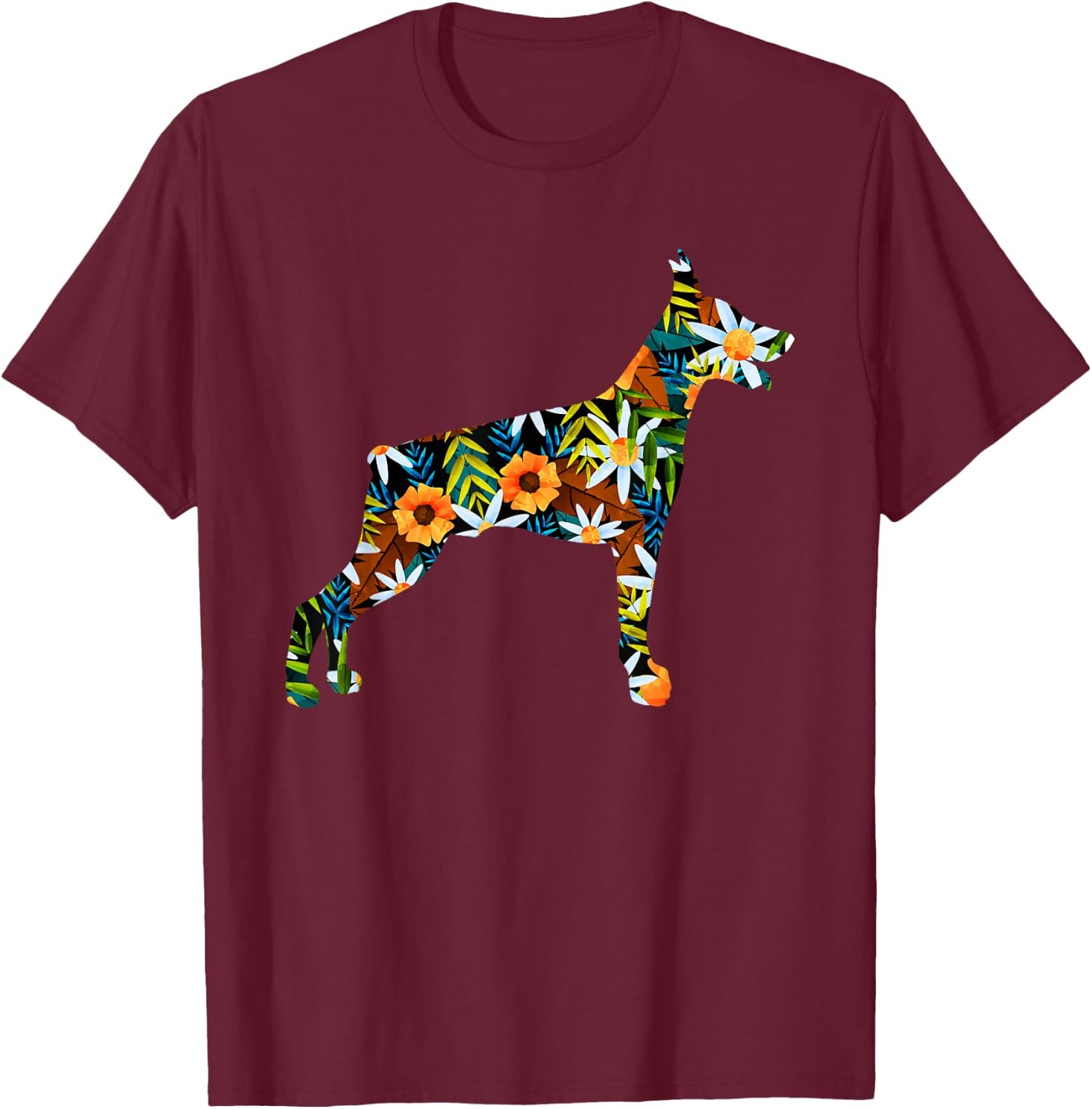 Funny Doberman Art Women Floral Doberman Pinscher T-Shirt - T-Shirt | Maroon