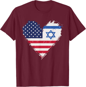 Vintage Grunge American Israel Alliance Flags in Heart T-Shirt - T-Shirt | Maroon