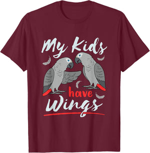 African Grey Parrot Mom Dad Cute Pet Bird My Kids Have Wings T-Shirt - T-Shirt | Maroon