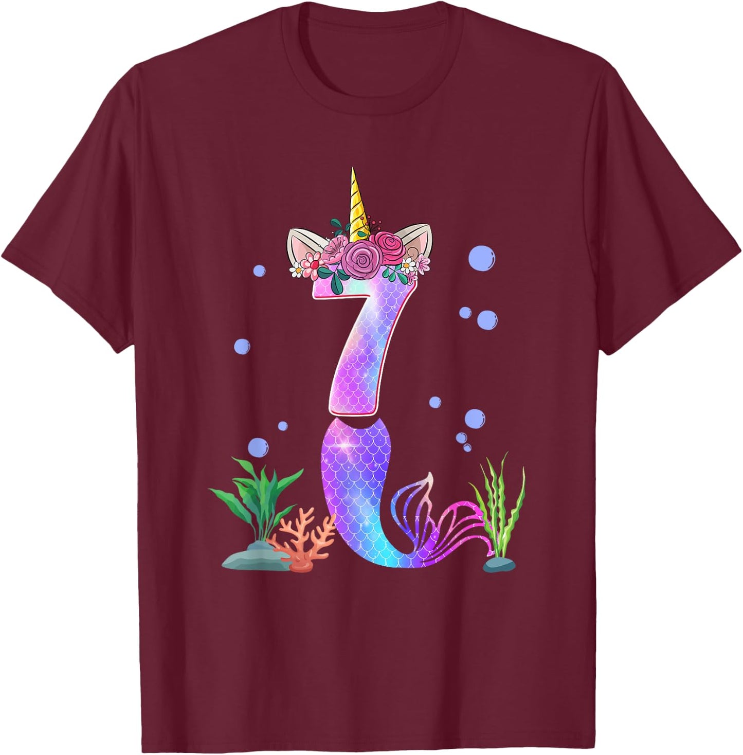 7 Year Old Unicorn Mermaid 7th Birthday Theme Tail Girl T-Shirt - T-Shirt | Maroon